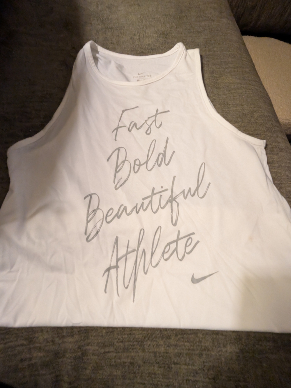 Nike White Tank Top with Gray Script 'Fast Bold Beautiful Athlete'